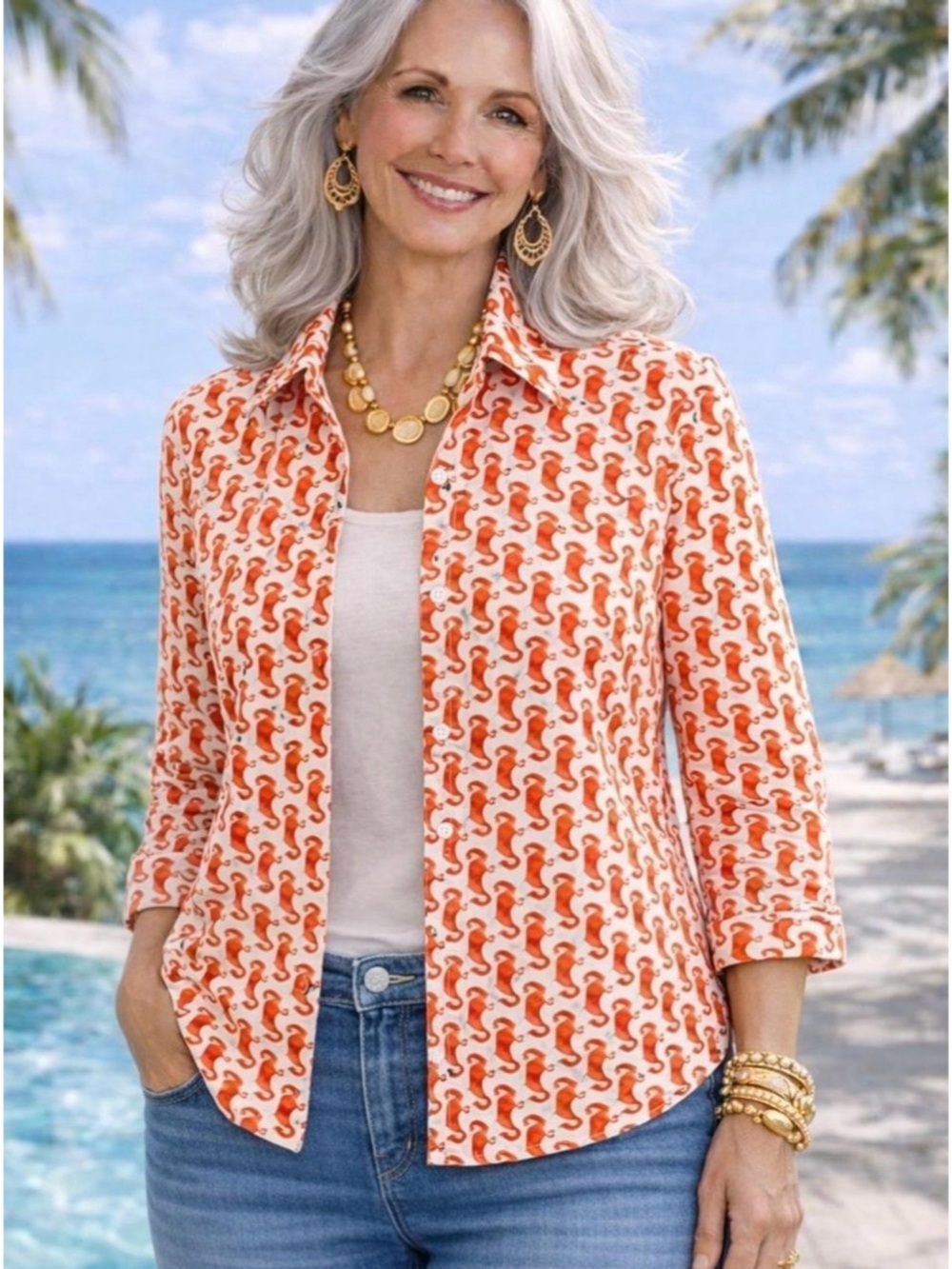 Chico's Button Front Shirt Sz Medium / 1 Orange White 3/4 Sleeve Seahorse Print